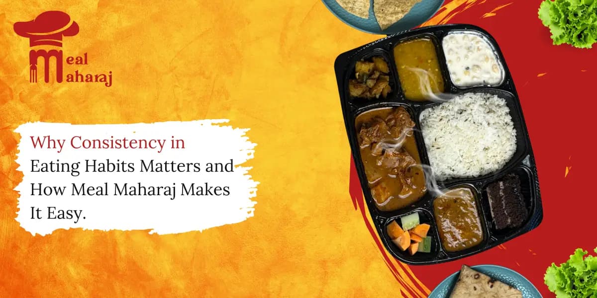 Freshly packed Meal Maharaj tiffin with dal, rice, roti, and sabzi on a dining table, symbolizing consistency, balance, and the comfort of daily home-cooked meals.