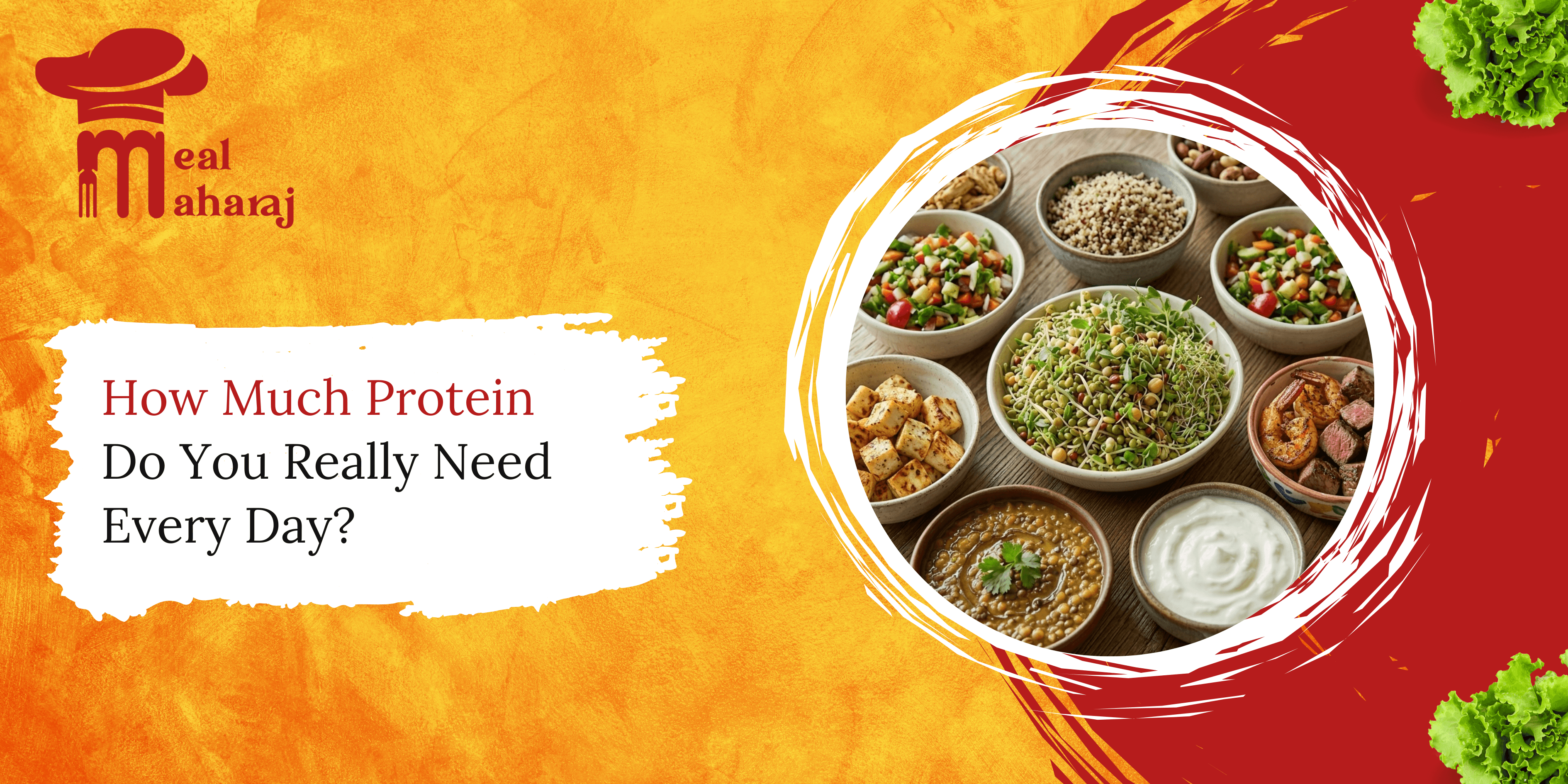 A spread of protein-rich foods including sprouts, lentil dal, paneer, shrimp, quinoa, mixed salads, and yogurt arranged in bowls on a wooden surface, alongside the Meal Maharaj