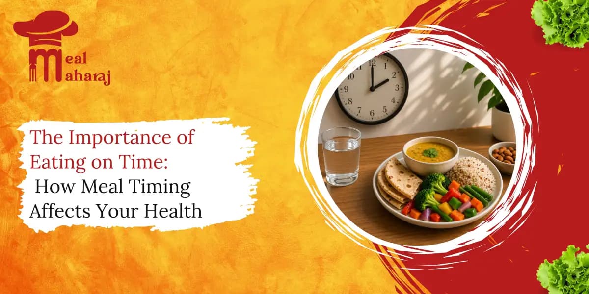 Healthy balanced meal with roti, dal, quinoa, mixed vegetables, almonds, and water placed on a wooden table beside a wall clock, representing healthy meal timing and nutrition.