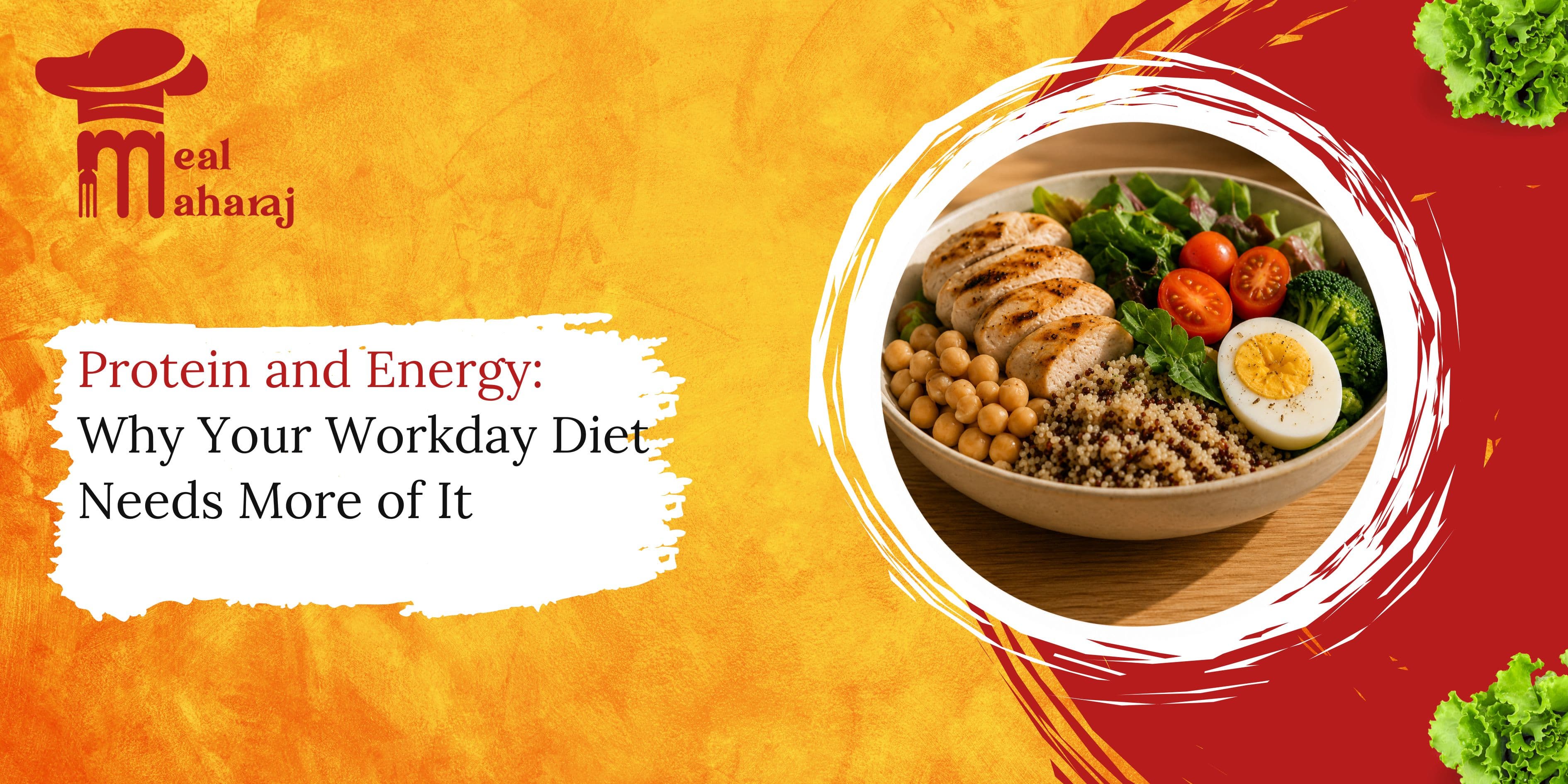 It' alongside a healthy protein-rich bowl with grilled chicken, chickpeas, quinoa, boiled egg, broccoli, lettuce, and cherry tomatoes on a vibrant yellow and red background