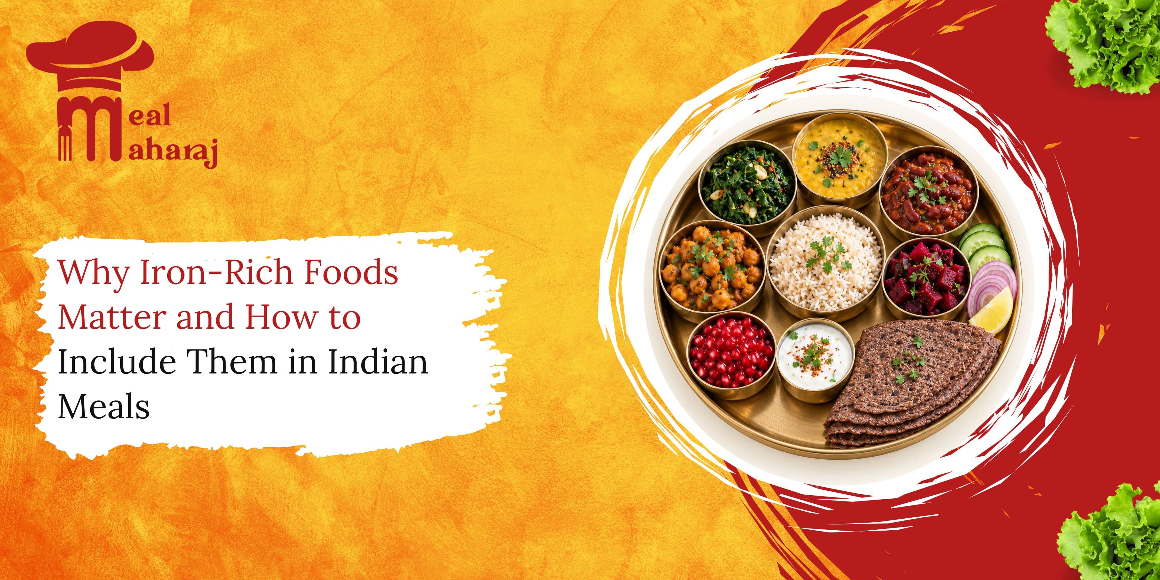 Indian meal featuring a variety of iron-rich foods with a healthy nutrition theme